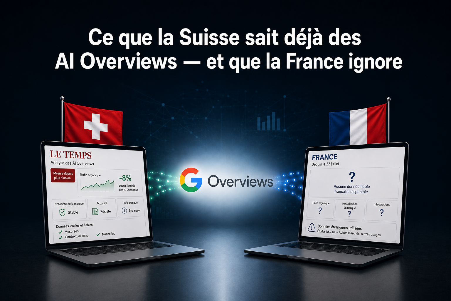 Deux ordinateurs portables face à face, l'un affichant les données mesurées du quotidien suisse Le Temps sur les AI Overviews, l'autre affichant des points d'interrogation pour la France, qui ne dispose d'aucune donnée locale