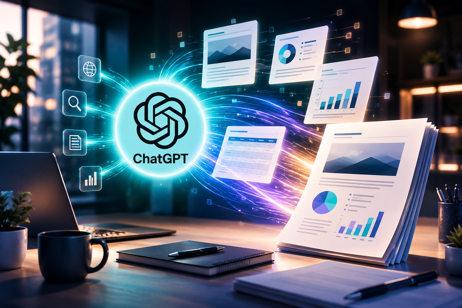 Illustration d'un bureau moderne avec le logo ChatGPT lumineux au centre, des documents flottants et des flux de données colorés.