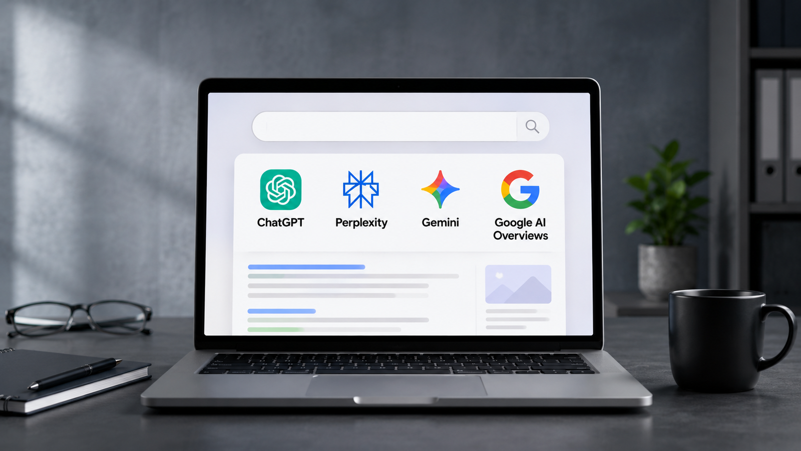 Illustration d'un ordinateur portable affichant une interface de recherche IA avec les logos ChatGPT, Perplexity, Gemini et Google AI Overviews.