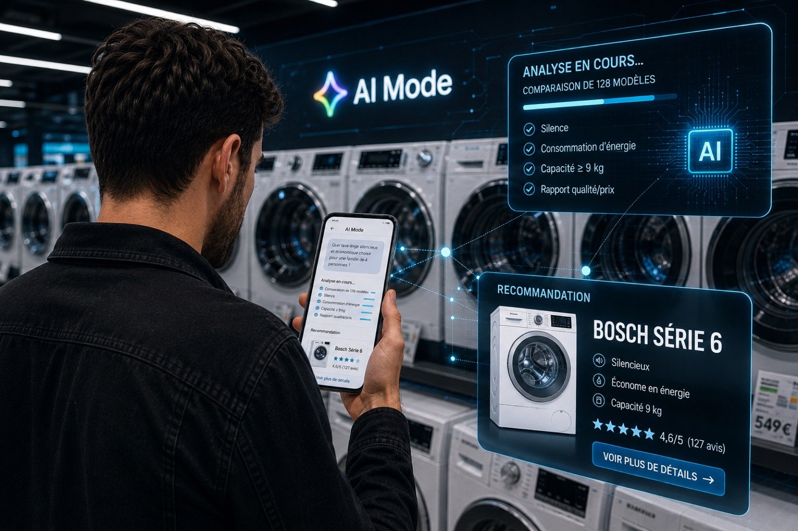 Un homme dans un magasin d'électroménager consulte l'AI Mode de Google sur son téléphone ; une interface superposée compare 128 lave-linge et recommande un Bosch Série 6 noté 4,6/5.