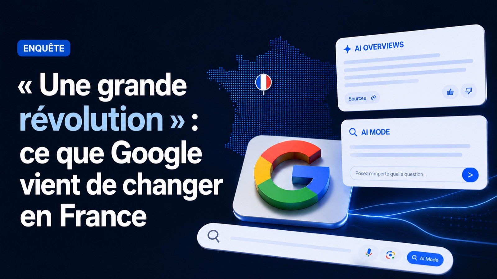 Couverture du dossier d'enquête : « Une grande révolution » : ce que Google vient de changer en France — carte de France en pointillés bleus, logo Google et panneaux AI Overviews et AI Mode.