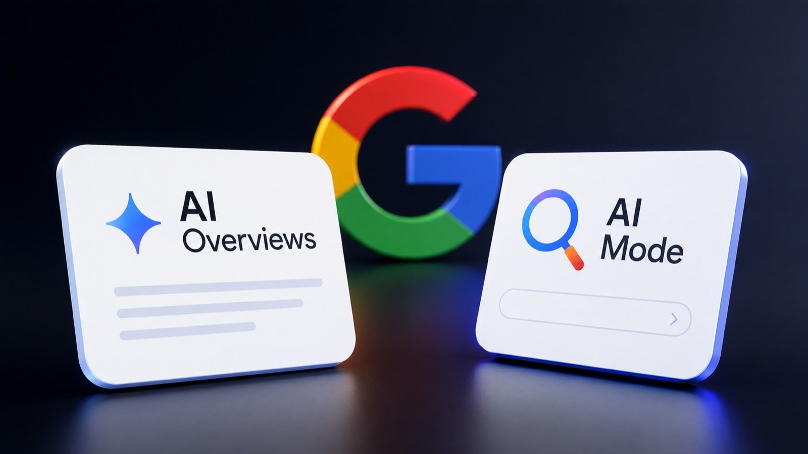 Deux panneaux blancs côte à côte devant le logo Google : AI Overviews à gauche, AI Mode à droite — les deux surfaces IA lancées en France le 22 juillet 2026.