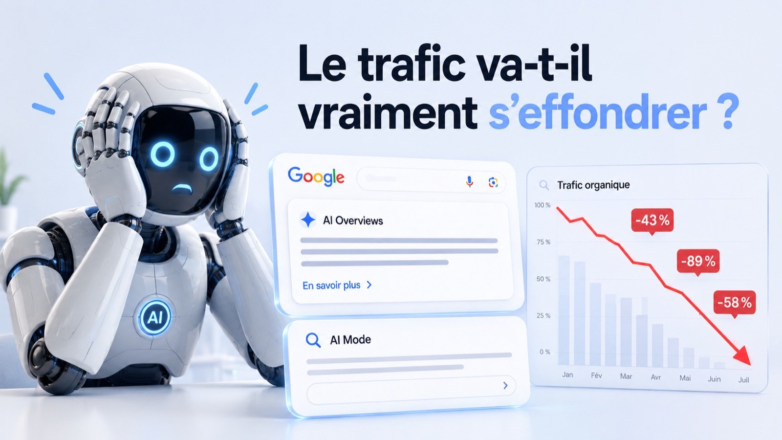 Un robot blanc inquiet, les mains sur la tête, devant une interface Google avec AI Overviews et AI Mode et une courbe de trafic organique en chute marquée -43 %, -89 %, -58 %.