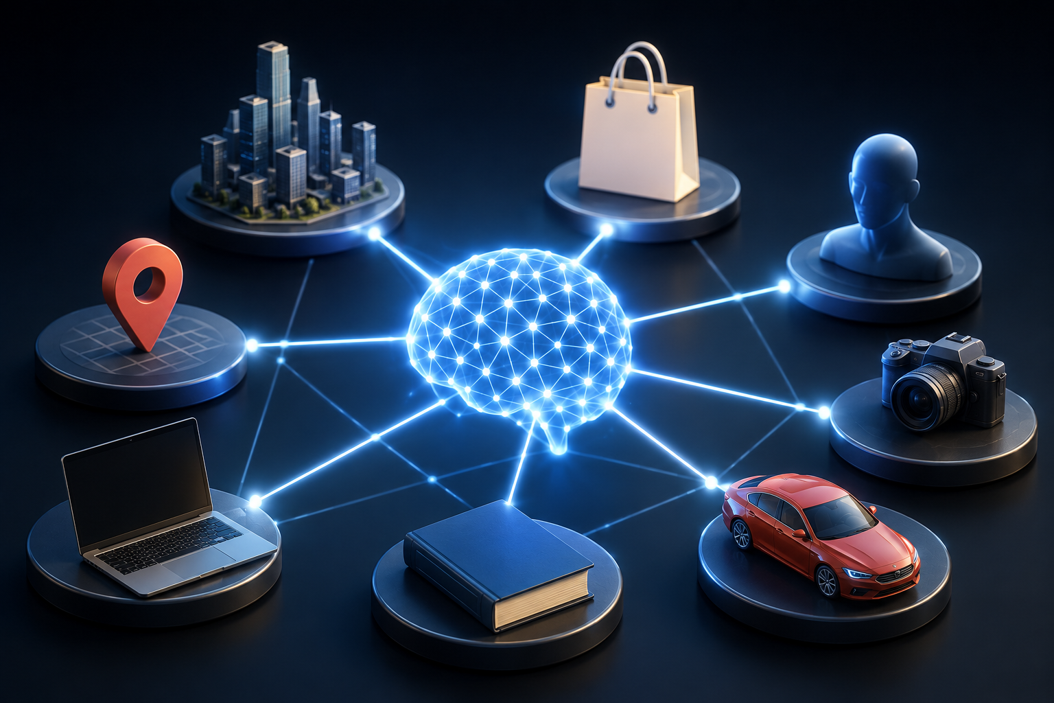 Un cerveau numérique connecté à plusieurs objets et lieux représentant des entités : ville, adresse, ordinateur, livre, voiture, appareil photo, personne, boutique