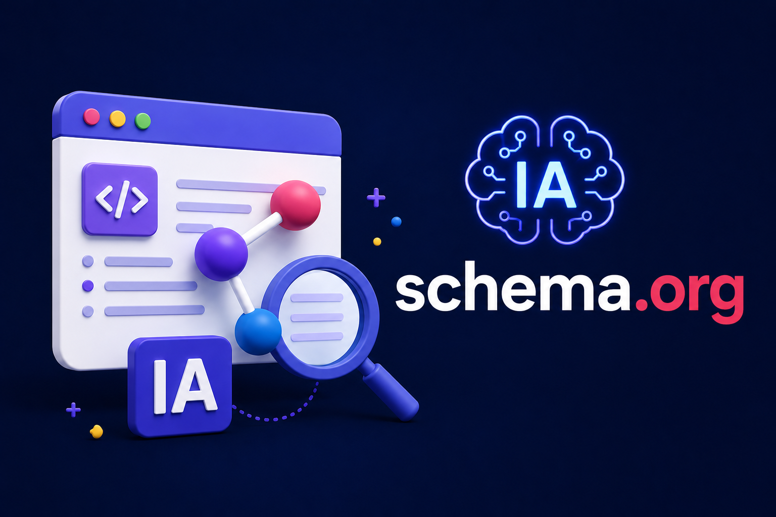 Illustration schema.org : une page web avec du code structuré, une molécule de données et une loupe, à côté d'un cerveau IA stylisé
