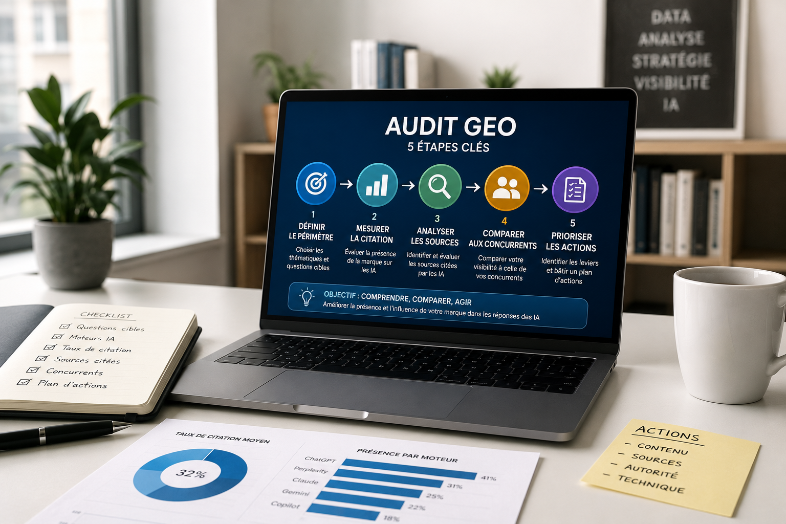 Écran d'ordinateur portable affichant les 5 étapes clés d'un audit GEO, entouré de notes et de graphiques illustratifs