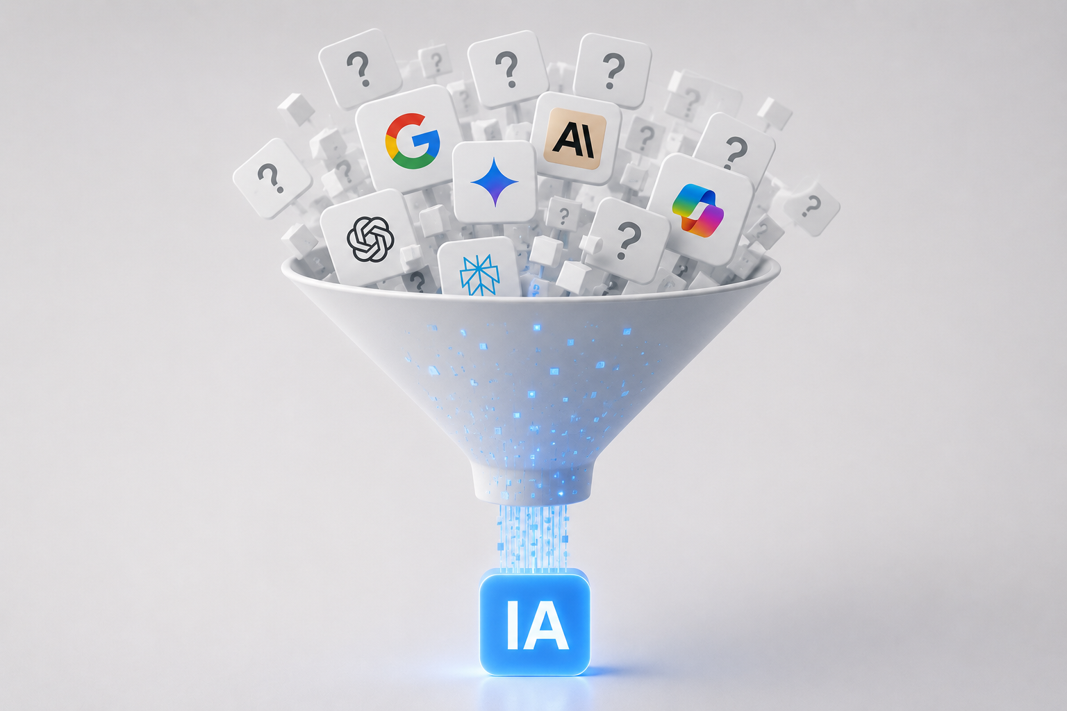 Illustration d'un entonnoir recevant les logos de plusieurs IA génératives (Google, ChatGPT, Gemini, Perplexity, Copilot) et les condensant en un signal de visibilité IA unique