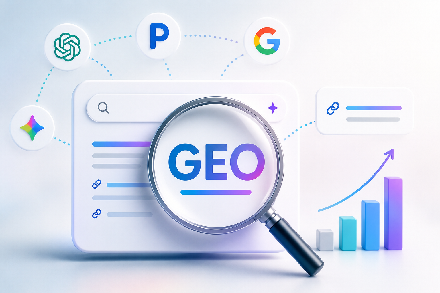 Illustration du GEO avec une loupe au centre d'une interface de recherche, entourée des logos de ChatGPT, Perplexity, Gemini et Google, et d'un graphique de progression.