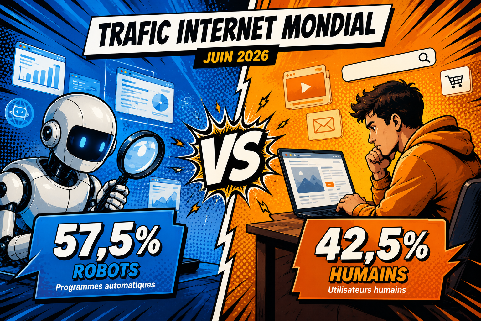 Illustration « Trafic Internet mondial, juin 2026 » : un robot face à un humain devant un ordinateur, avec les chiffres Cloudflare 57,5 % de trafic généré par des robots contre 42,5 % par des humains.