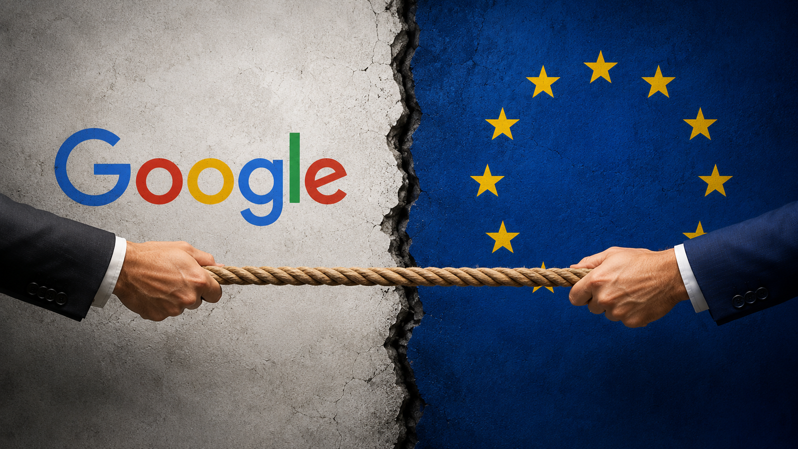 Illustration montrant un face-a-face entre Google et l'Union europeenne, chacun tirant sur une corde devant une paroi fissuree.